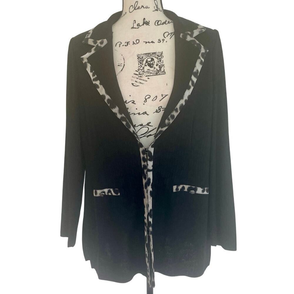 MING WANG BLAZER KNIT TAILORED BLACK LEOPARD TRIM SZ M SHOULDER PADS BADDIECORE - Picture 2 of 16